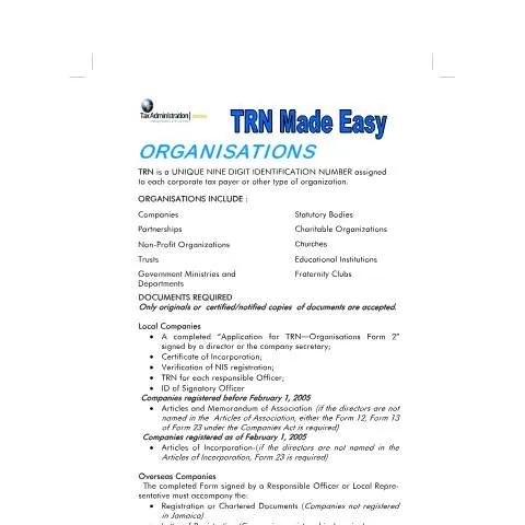Document preview: Understanding TRN Registration for Organisations in Jamaica — Taxes (CERFA n°trn_made_easy_organisations)