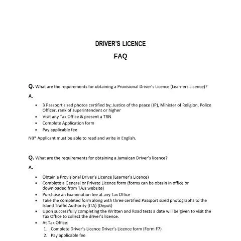Document preview: Understanding the Jamaican Driver’s Licence: A Complete Guide — Government & admin (CERFA n°DL+FAQs)