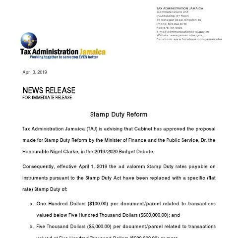 Document preview: Jamaica Stamp Duty Reform: Key Updates and Procedures — Taxes (CERFA n°Stamp_Duty_Reform)