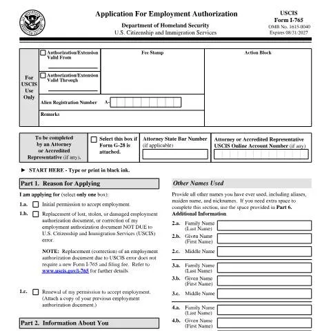 Document preview: The Importance of USCIS Form I-765 in Employment Opportunities — Immigration & visas (CERFA n°I-765)