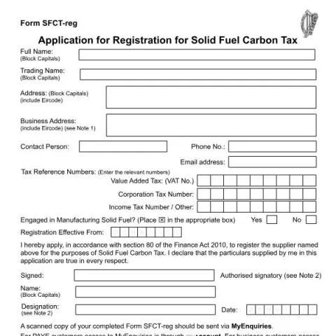 Document preview: Register for Solid Fuel Carbon Tax in Ireland — Taxes (SFCT-reg)
