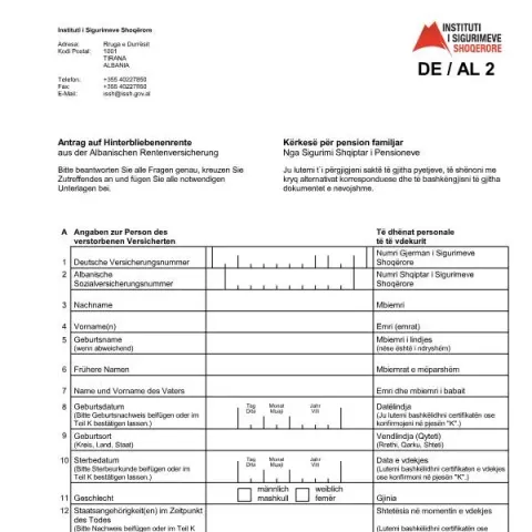 Dokumentvorschau: Antrag auf Hinterbliebenenrente aus Albanischer Rentenversicherung (Deutsch / Albanisch) — Rente & Pension (E8921)