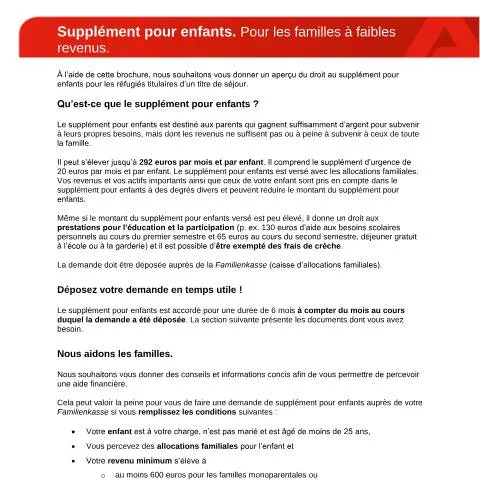 Dokumentvorschau: Wichtige Informationen zum Kinderzuschlag für Familien — Familie (CERFA n°flyer-kinderzuschlag-franzoesisch_ba038456)