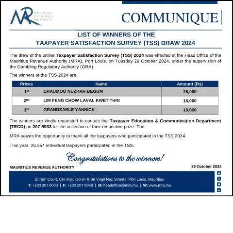 Document preview: 2024 Taxpayer Satisfaction Survey Draw Winners Announced — Taxes (CERFA n°CommuniqueTSS291024)
