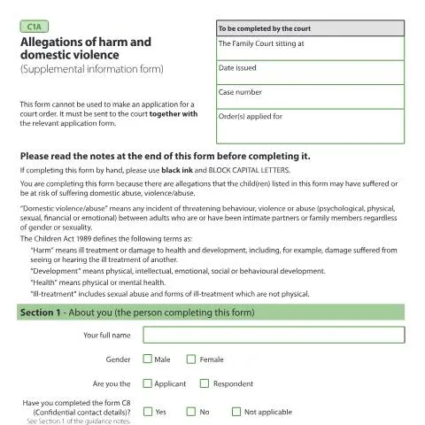 Document preview: Understanding Form C1A: Domestic Violence Allegations in Family Court — Legal & justice