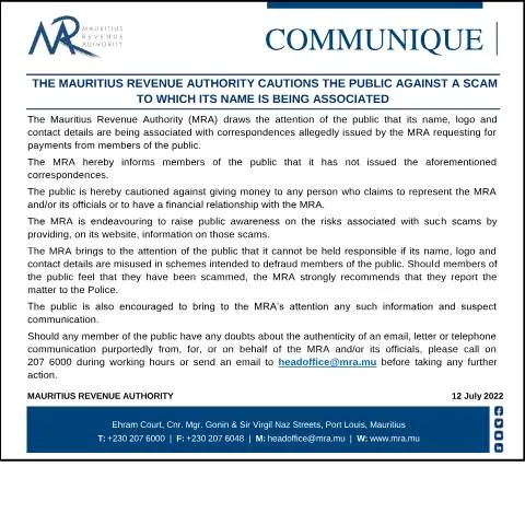 Document preview: MRA Warns Citizens About Fraudulent Activities Linked to Its Name — Government & admin (ScamAlert120722)