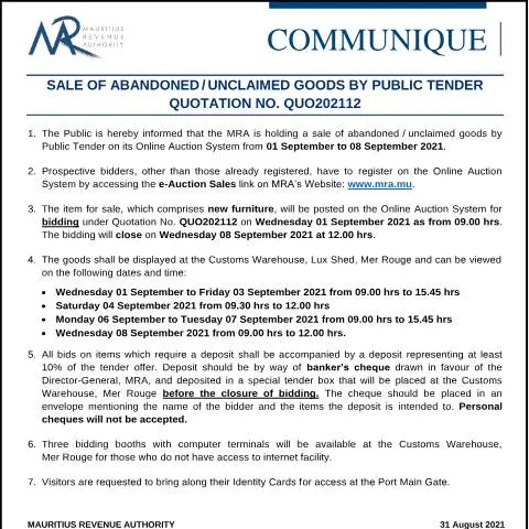 Document preview: Guide to Bidding on Abandoned Goods - Quotation QUO202112 — Government & admin (CommuniqueQUO202112)