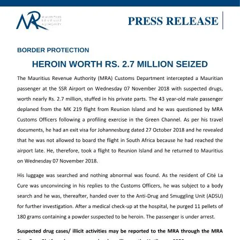 Document preview: Mauritius Border Drug Seizure Highlights — Government & admin (CERFA n°DrugSeizure131118)