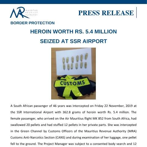Document preview: Significant Heroin Seizure at Mauritius Airport — Government & admin (PressRelease041219)