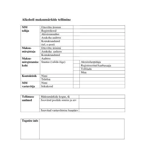 Document preview: Alkoholi maksumärkide tellimise vormi kasutamine — Maksud ja maksustamine (CERFA n°MAKSUMARKIDE TELLIMISE VORM)