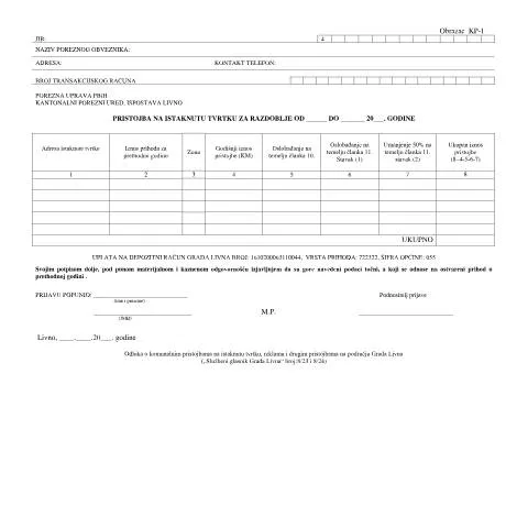Document preview: Obrazac KP-1 za prijavu komunalne takse u Livnu — Administrativne procedure (CERFA n°KP-1)