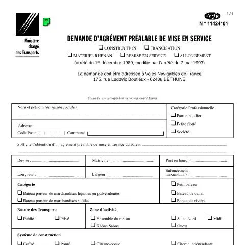 Aperçu du document Formulaire 11424*01 : autorisation de mise en service d'un navire — Démarches administratives (CERFA n°11424*01)