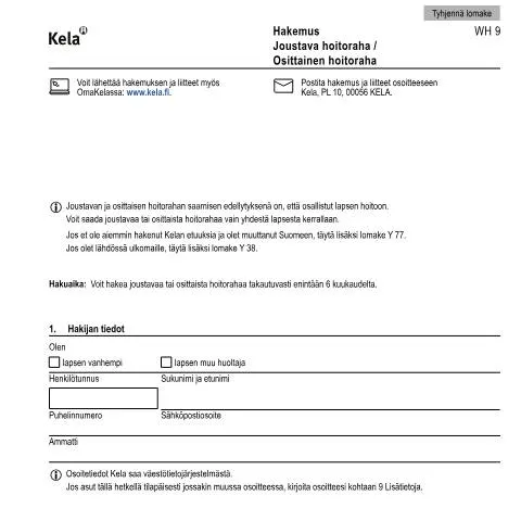 Document preview: Hae joustavaa hoitorahaa lapsesi hoitoon — Tuet & sosiaalietuudet (CERFA n°Kela WH 9)