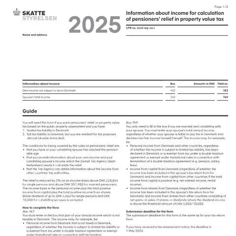 Document preview: Pensionisttilskud og ejendomsværdi skat i Danmark — Skatter & skat (CERFA n°04.074)