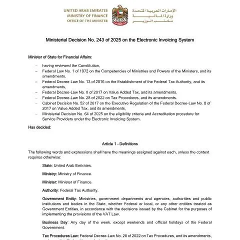 Document preview: UAE Launches Electronic Invoicing System to Boost Tax Transparency — Taxes (CERFA n°Ministerial Decision No. 243 of 2025)