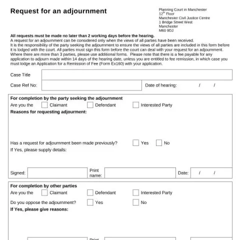 Document preview: Understanding Form PC001 for Adjournments in Manchester — Government & admin
