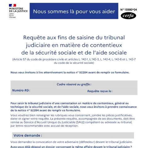 Aperçu du document Saisine du tribunal : contentieux sécurité sociale et aide sociale — Juridique & justice (CERFA n°15980*04)