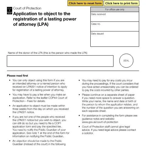 Document preview: How to Challenge LPA Registration Using Form COP7 — Legal & justice