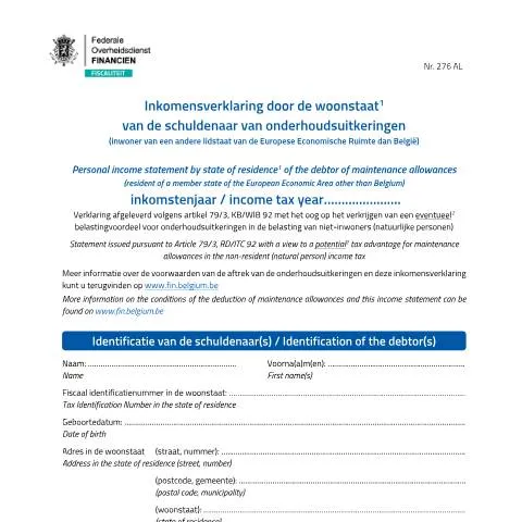 Aperçu du document Comprendre l'Inkomensverklaring pour les débiteurs alimentaires en — Démarches administratives (CERFA n°inkomensverklaring-woonstaat-schuldenaar-onderhoudsgeld)