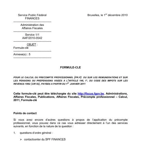 Aperçu du document Comprendre la Formule-clé pour le précompte professionnel en Belgique — Impôts & fiscalité (CERFA n°Formule-clé janvier 2011)