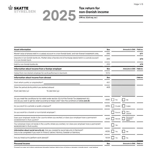 Document preview: Indberetning af udenlandske indkomster i Danmark — Skatter & skat (CERFA n°04.012)