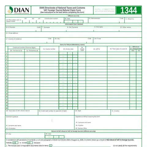 Vista previa del documento Guía para la Solicitud de Devolución de IVA para Turistas en Colombia — Impuestos (CERFA n°F1344-2012)