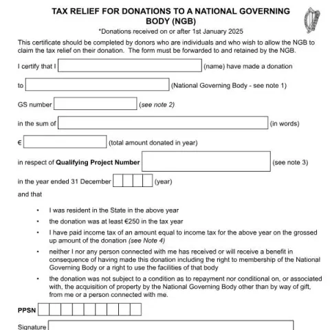 Document preview: Claim Tax Relief on Donations to National Governing Bodies in Ireland — Taxes (SPR 2)