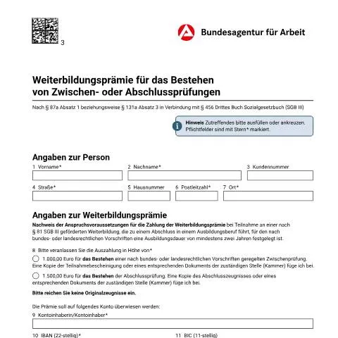 Dokumentvorschau: Formular zur Beantragung der Weiterbildungsprämie — Behörden & Verwaltung (CERFA n°fbw-nachweis-weiterbildungspraemie-sgbiii_ba042099)