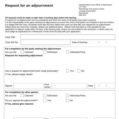 Document preview: Manchester Administrative Court Adjournment Requests Using Form AC001 — Legal & justice