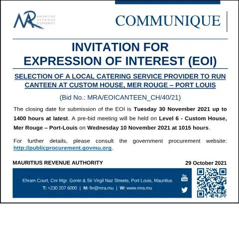 Document preview: Invitation for Catering Services at Custom House Mer Rouge — Government & admin (CERFA n°CommuniqueEOI291021)