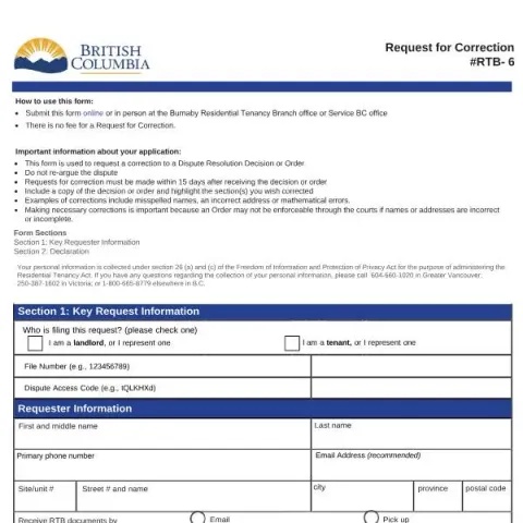 Document preview: Understanding the RTB-6 Request for Correction Process in BC — Housing (RTB-6)