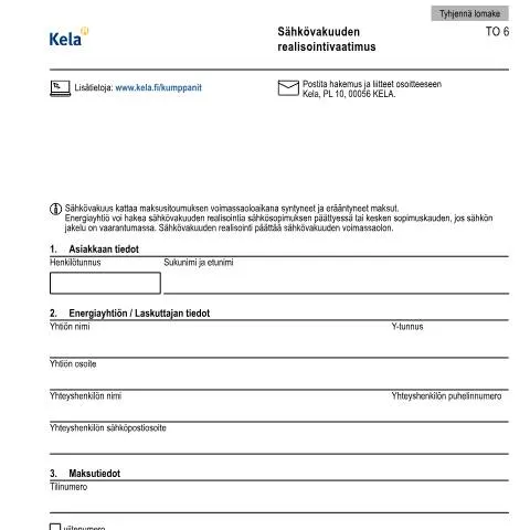 Document preview: Miten sähkövakuuden realisointivaatimus toimii? — Tuet & sosiaalietuudet (CERFA n°Kela TO 6)