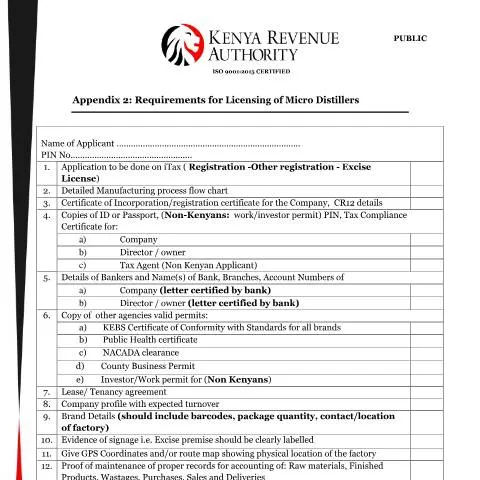 Document preview: Understanding the Licensing Process for Micro Distillers in Kenya — Government & admin (CERFA n°Appendix-2-Requirements-for-Licensing-of-Micro-Distillers-)