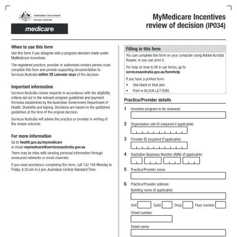 Document preview: MyMedicare Incentives Review of Decision Form (IP034) — Health (CERFA n°IP034)