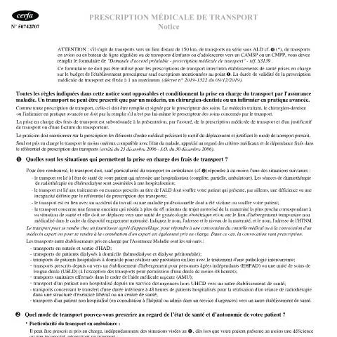 Aperçu du document Comment obtenir le remboursement de vos transports médicaux — Santé (CERFA n°11574*07)