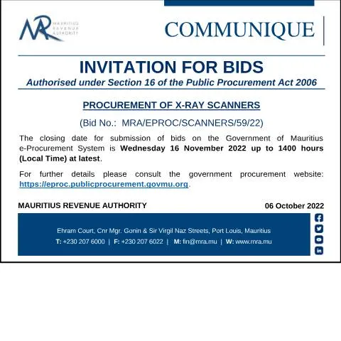 Document preview: Procurement Notice for X-Ray Scanners in Mauritius — Government & admin (CERFA n°CommuniqueProcurement061022)