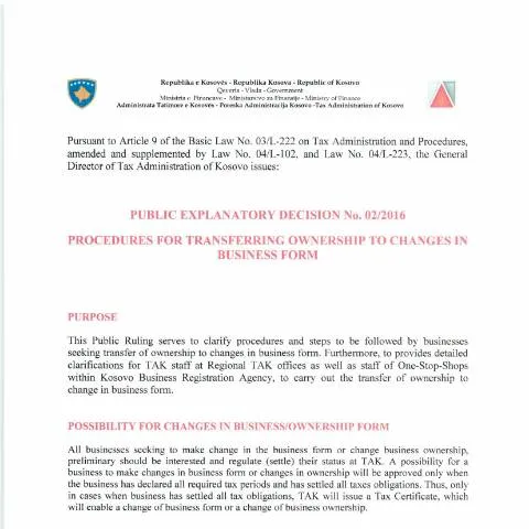 Document preview: Udhëzime të Përgjithshme mbi Vendimin Publik Nr. 02/2016 të Kosovës — Procedura administrative