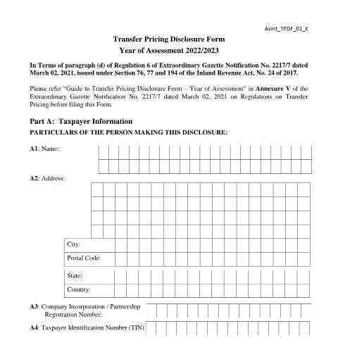 Document preview: Comprehensive Guide to Transfer Pricing Disclosure in Sri Lanka — Taxes (CERFA n°Asmt_TPDF_01_2022)