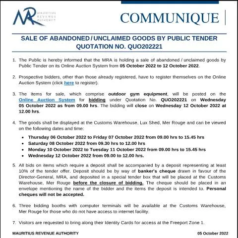 Document preview: Explore the Sale of Unclaimed Goods - Quo 202221 — Government & admin (CommuniqueQuo202221)