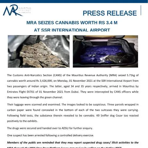 Document preview: MRA's Major Cannabis Seizure at SSR International Airport — Government & admin (PressRelease031121)