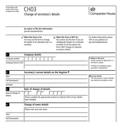 Document preview: How to Change Company Secretary Details Using Form CH03 — Business
