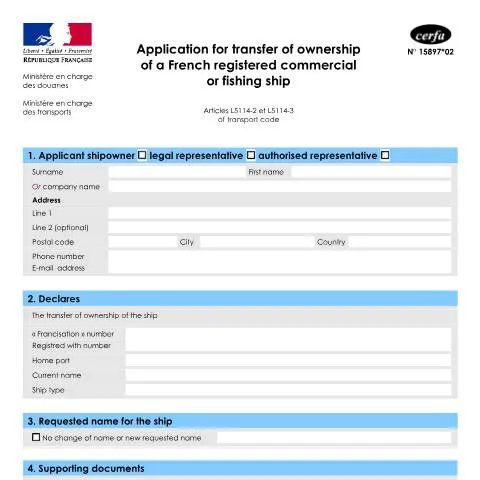 Aperçu du document Cession d'un navire professionnel immatriculé en France — Démarches administratives (CERFA n°15897*02)