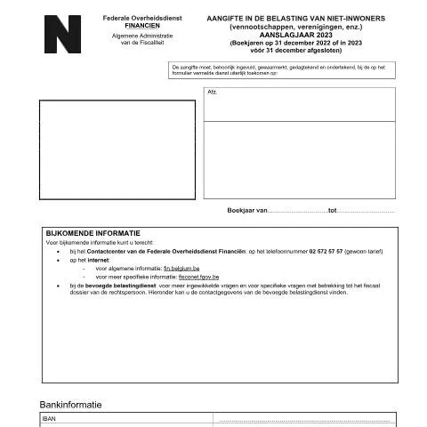 Aperçu du document Comprendre la déclaration des sociétés non-résidentes en Belgique — Impôts & fiscalité (CERFA n°121-aangifte-bni-ven-2023)