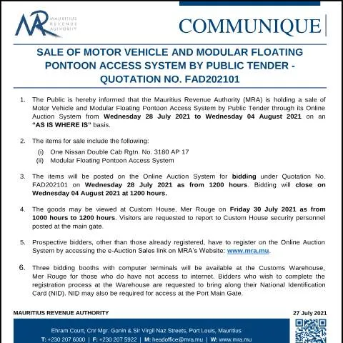 Document preview: Public Tender for Motor Vehicle and Floating Pontoon Access System — Vehicle & driving (CERFA n°CommuniqueMotorVehicle270721)