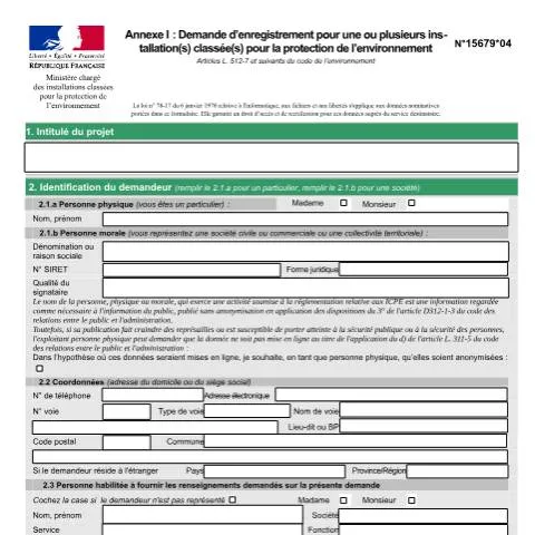 Aperçu du document Formulaire d'enregistrement ICPE : guide complet du Cerfa 15679*04 — Environnement & énergie (CERFA n°15679*04)