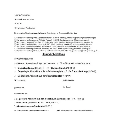 Dokumentvorschau: Urkunden beim Standesamt Hamburg anfordern — Personenstand & Ausweis (ST-44)