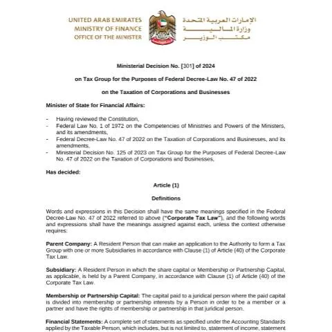 Document preview: UAE Ministerial Decision No 301 of 2024 on Tax Group Formation — Taxes (CERFA n°Ministerial Decision No (301) of 2024)