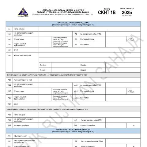 Document preview: Panduan Mengisi Borang CKHT 1B 2025 untuk Cukai Harta Tanah — Cukai & percukaian (CERFA n°CKHT 1B)