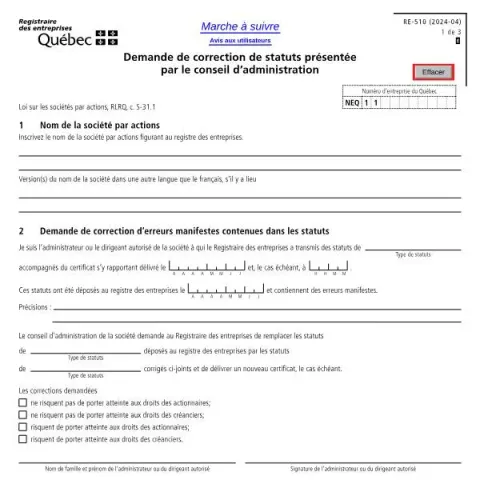 Document preview: Request Correction of Corporate Articles with Services Québec (French) — Government & admin (RE-510)