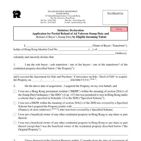 Document preview: Understanding the Statutory Declaration for Stamp Duty Refunds — Property & real estate (CERFA n°IRSD 131D(E))